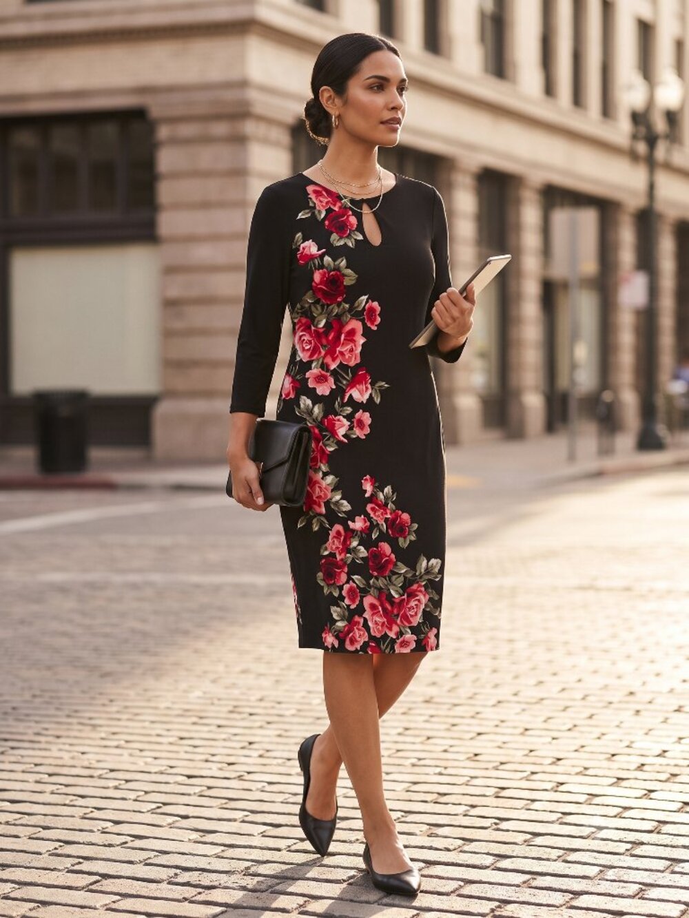 White House Black Market Floral Keyhole Sheath Dress | Size Large | 3/4 Sleeve